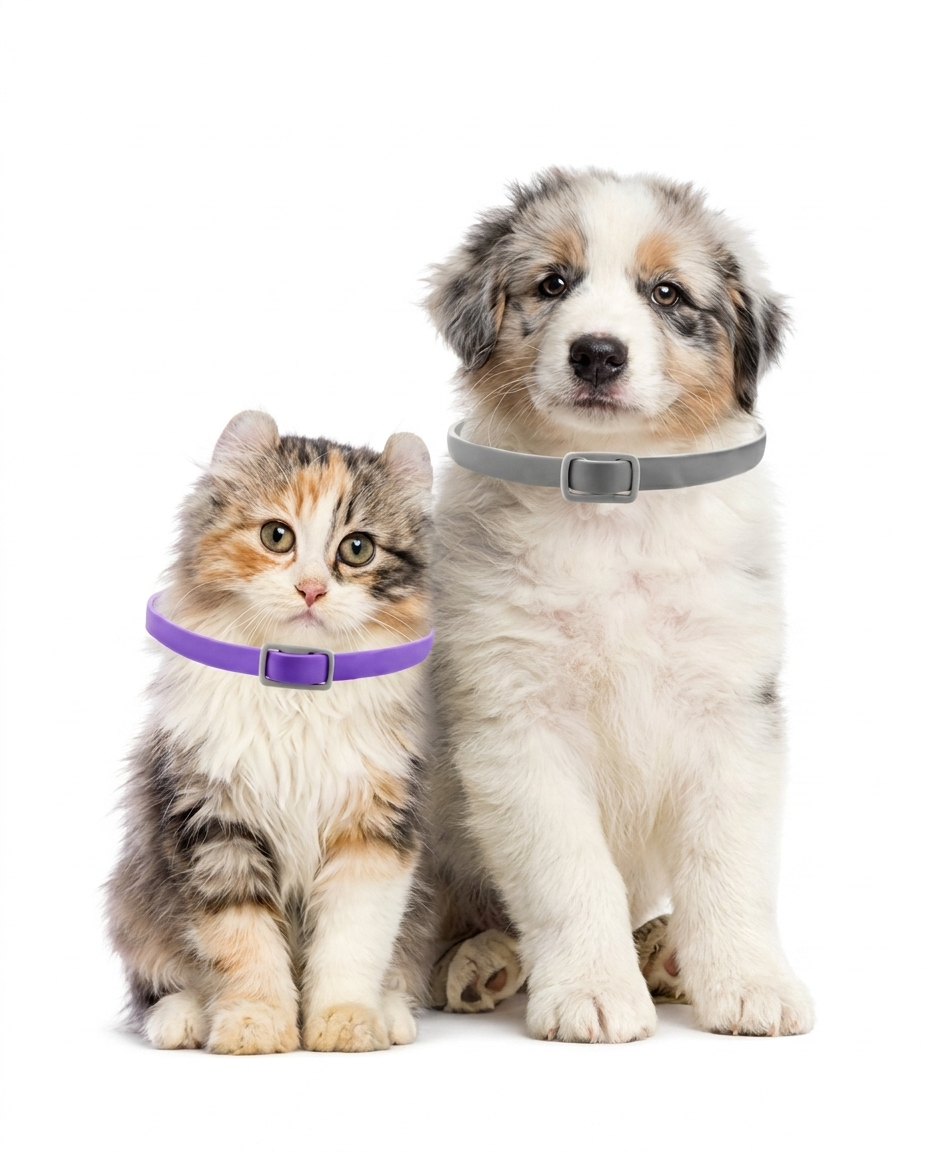 Calming collar for cats and dogs - purple and gray silicone rubber collar worn by cat and puppy