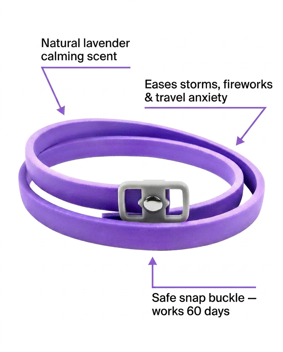 Pet calming collar infographic - features natural lavender scent release and snap buckle
