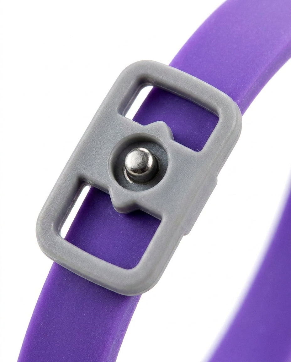 Pet calming collar buckle close-up - gray snap button mechanism on purple silicone strap