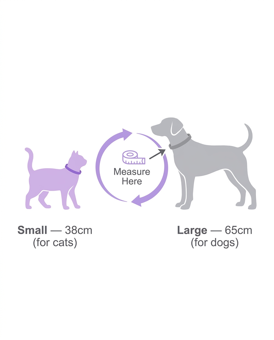 Calming collar size guide - small 38cm for cats large 65cm for dogs