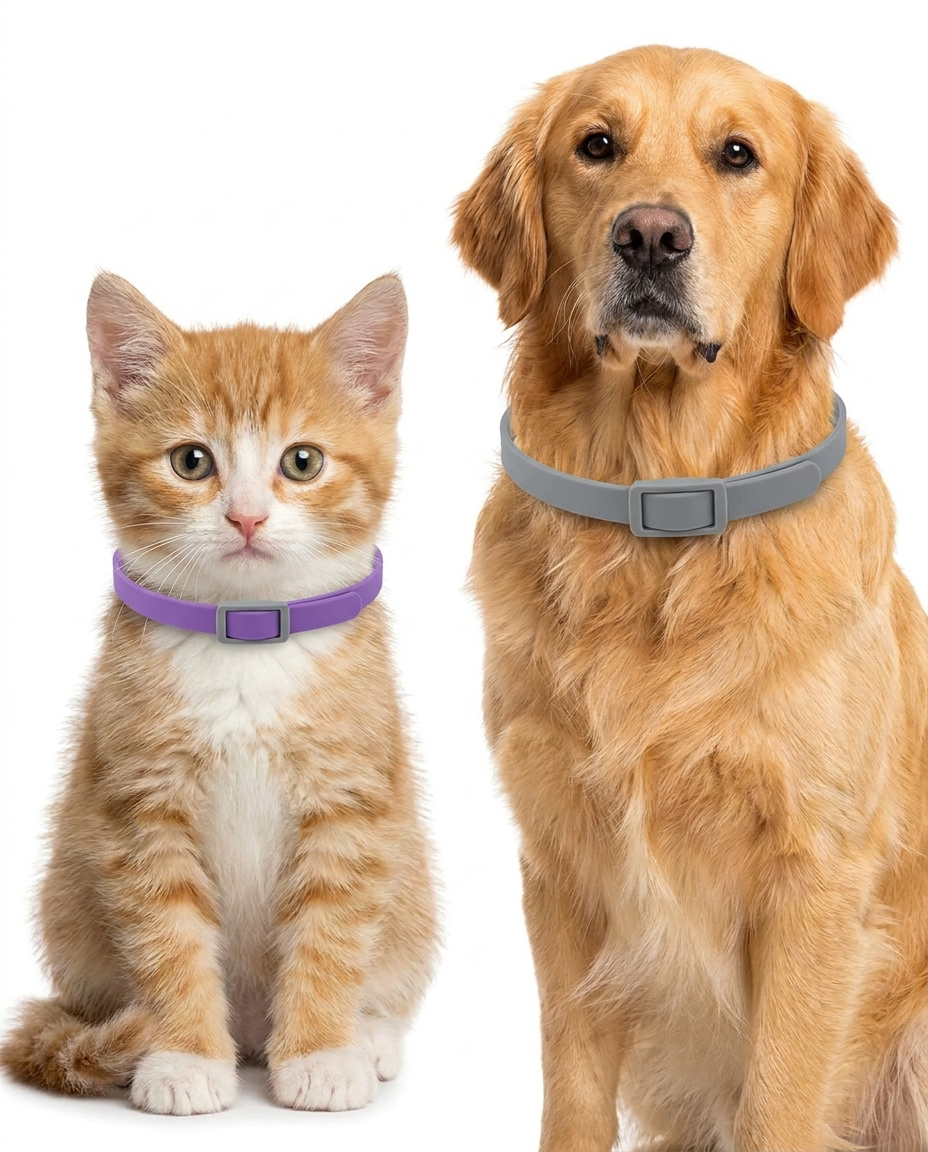 Calming collar fit comparison - small size on kitten vs large size on golden retriever