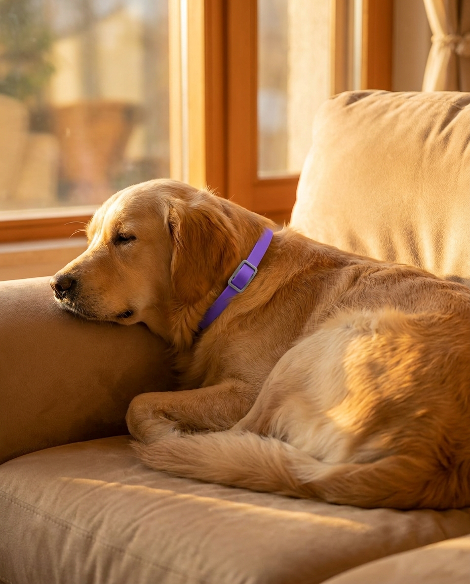 Golden retriever napping peacefully wearing purple calming collar - lifestyle photo