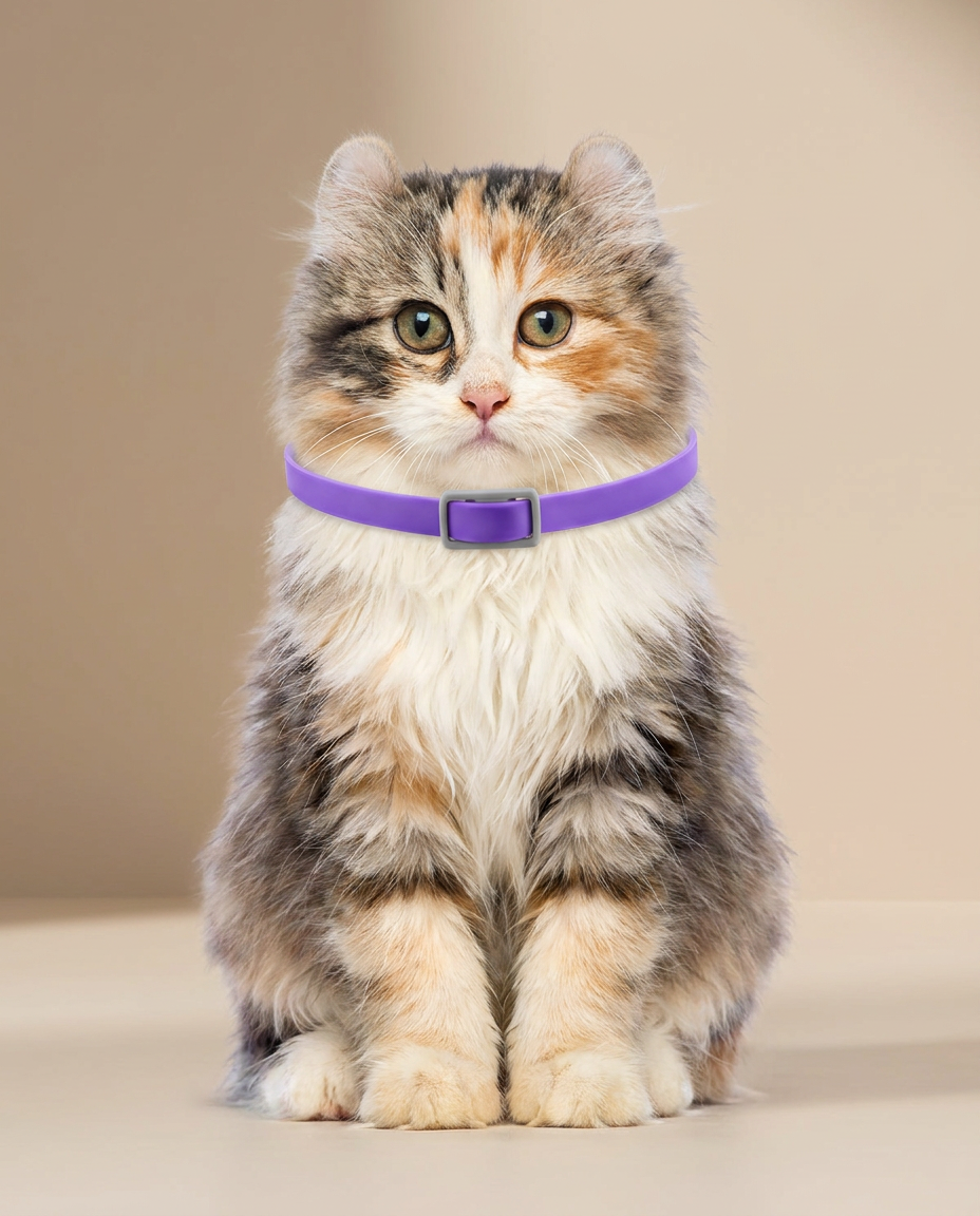 Hero shot - calico cat wearing thin flat purple silicone calming collar, studio product photo