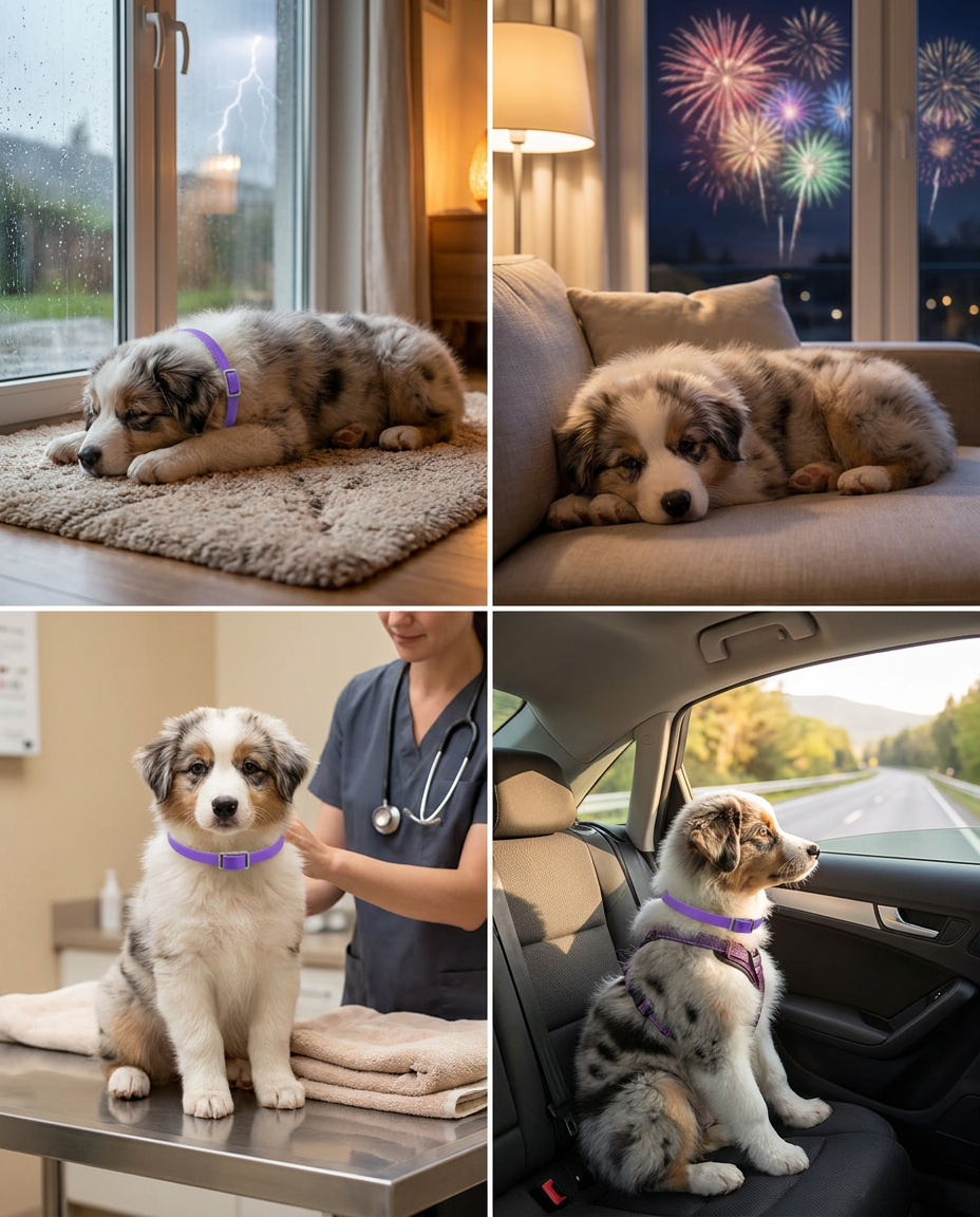 Use-case scenes - dog with calming collar during storm, fireworks, vet visit and car travel