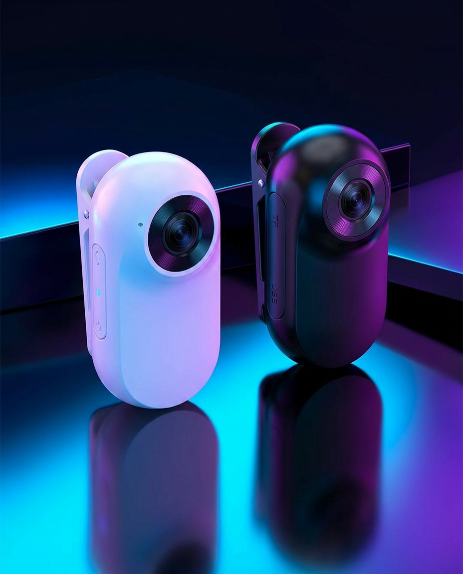 Hero shot – white and black thumb pet cameras with dramatic tech lighting