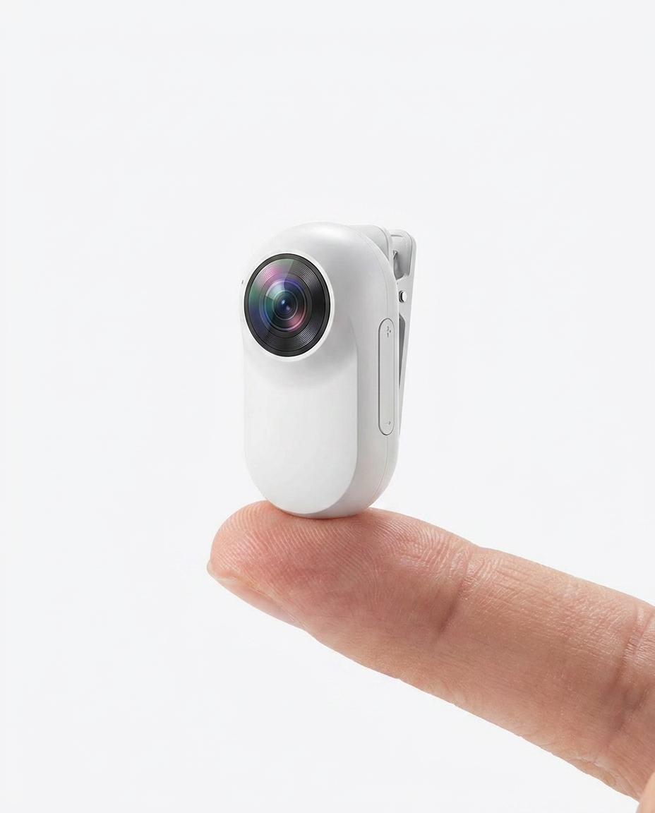 Scale shot – tiny thumb pet camera balanced on fingertip