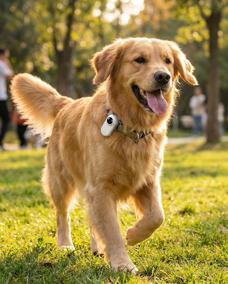On-pet in action – golden retriever wearing thumb camera on collar