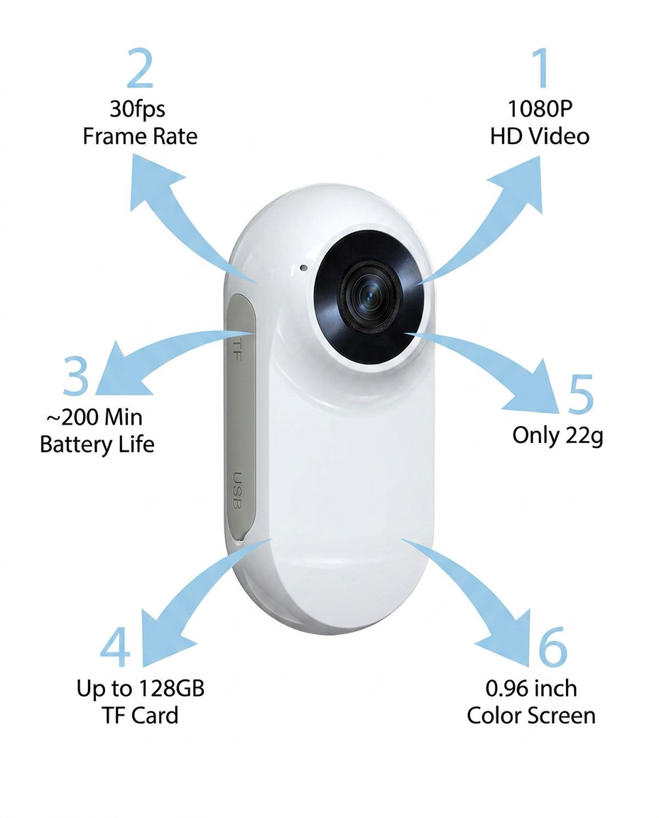 Feature infographic – 1080P HD, 30fps, 200 min battery, 128GB TF card, 22g