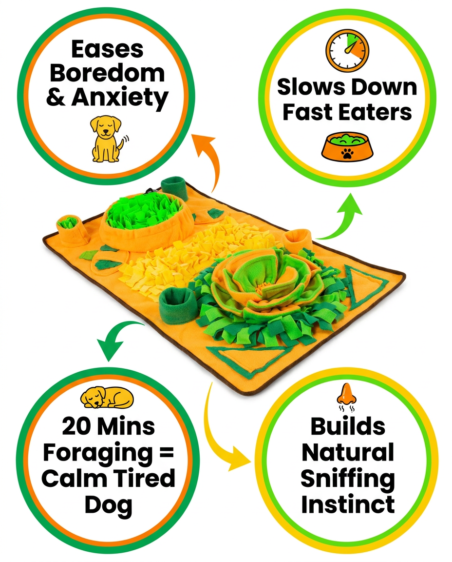 Benefits infographic - eases boredom, slows fast eaters