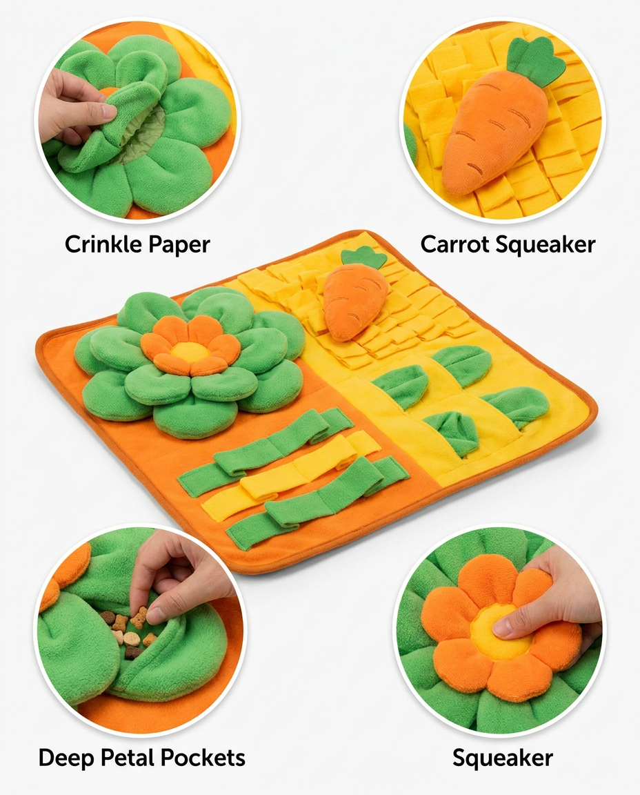 Interactive features callout - crinkle paper, carrot squeaker, petal pockets