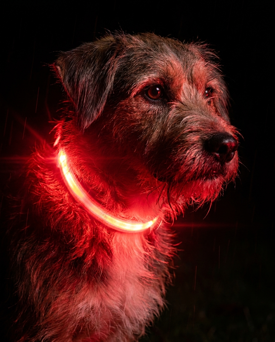 Hero - Dog wearing red glowing LED safety collar in the dark