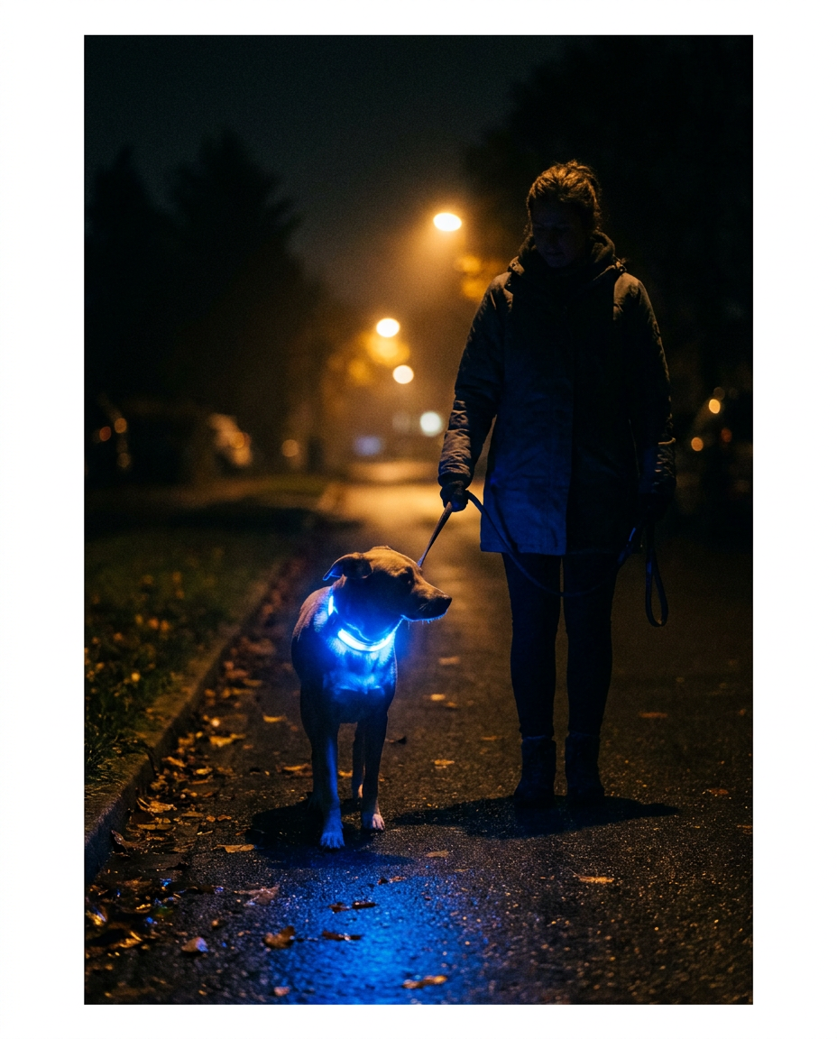 Night walk lifestyle - Owner and dog, blue collar glowing at night