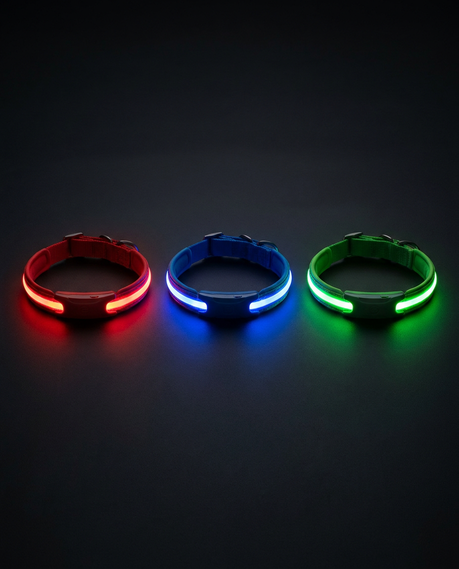 Color variants - Red, blue and green LED collars side by side