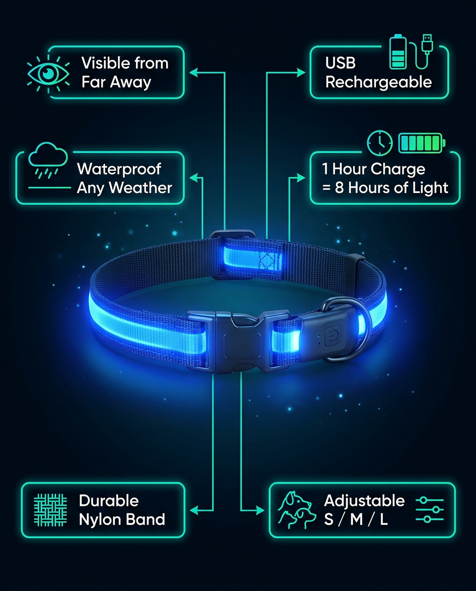 Features infographic - Visible, waterproof, USB rechargeable, 1hr=8hrs