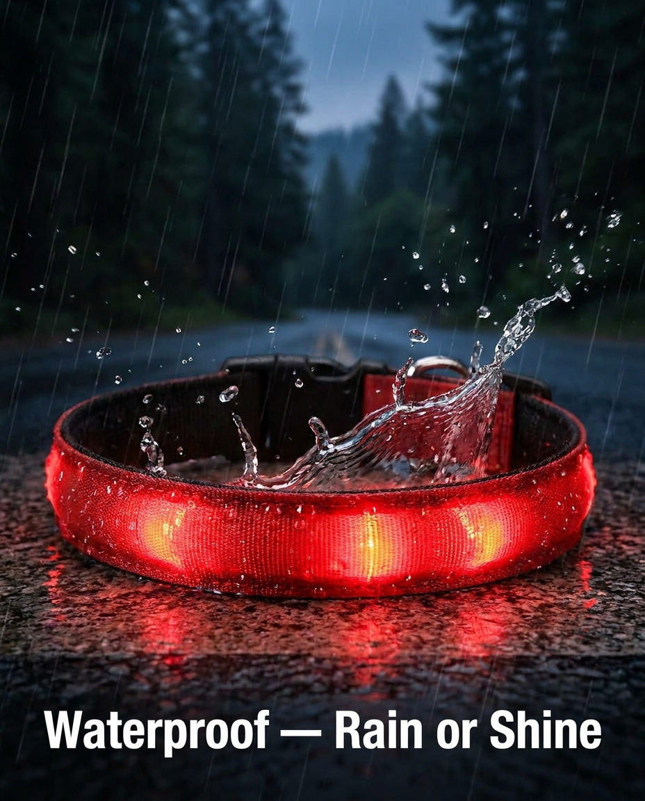 Waterproof demo - Red collar glowing in rain