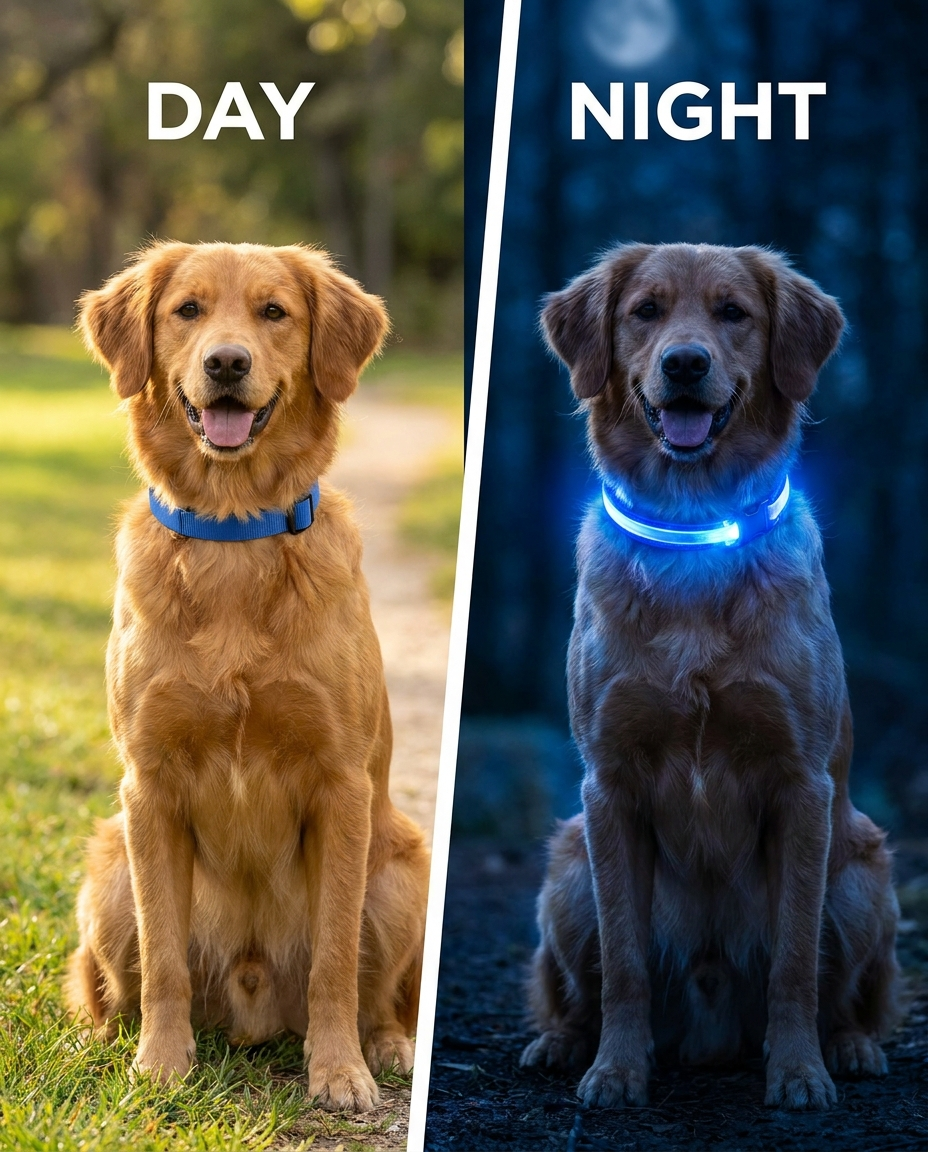 Day vs night split - Normal collar by day, glowing by night