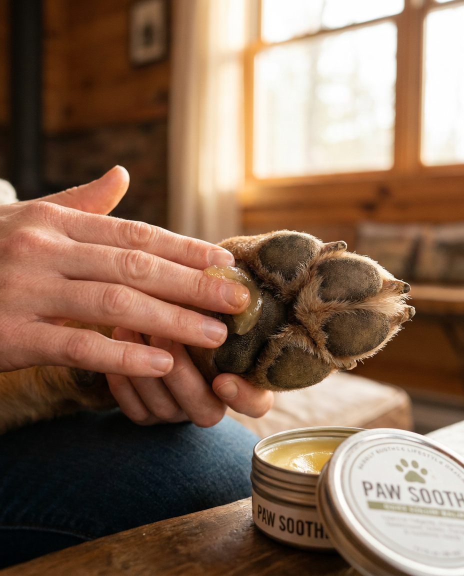 Application - Hand rubbing paw balm onto dog paw pad