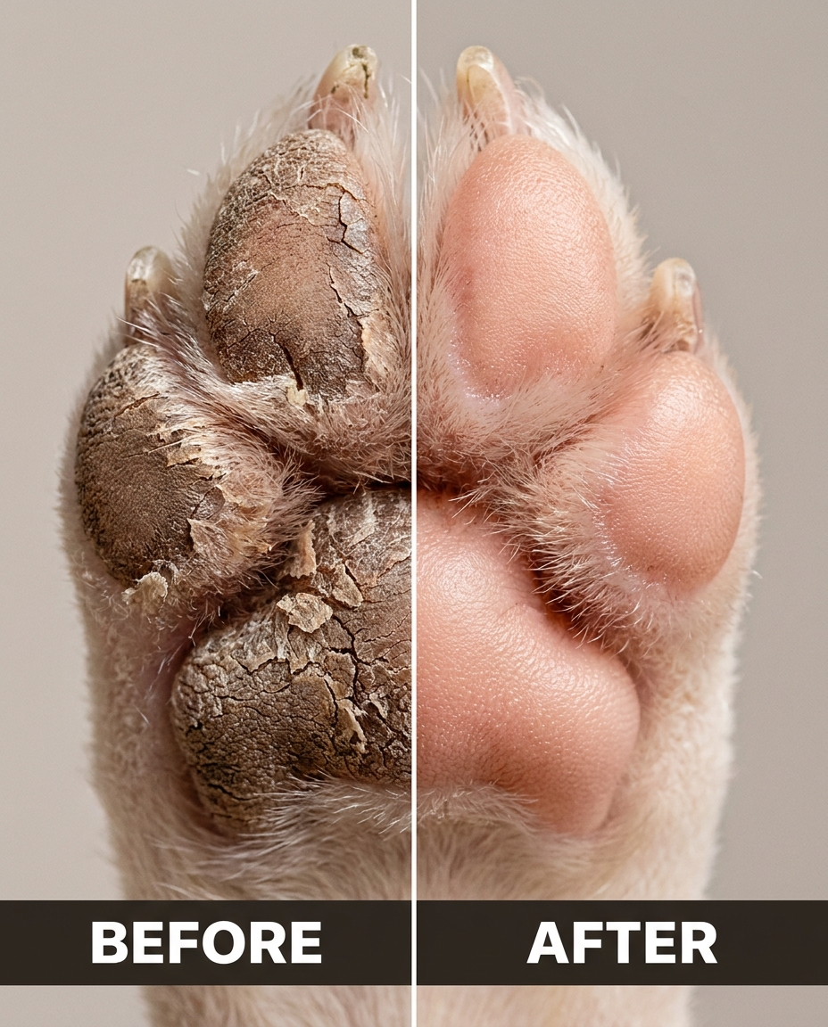 Before and after - cracked paw pad to smooth healed pad