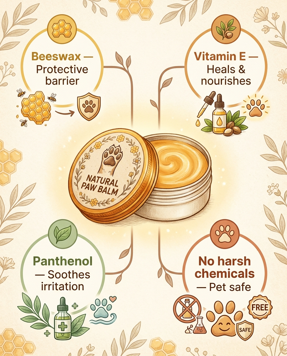 Ingredients infographic - beeswax, vitamin E, panthenol, pet safe