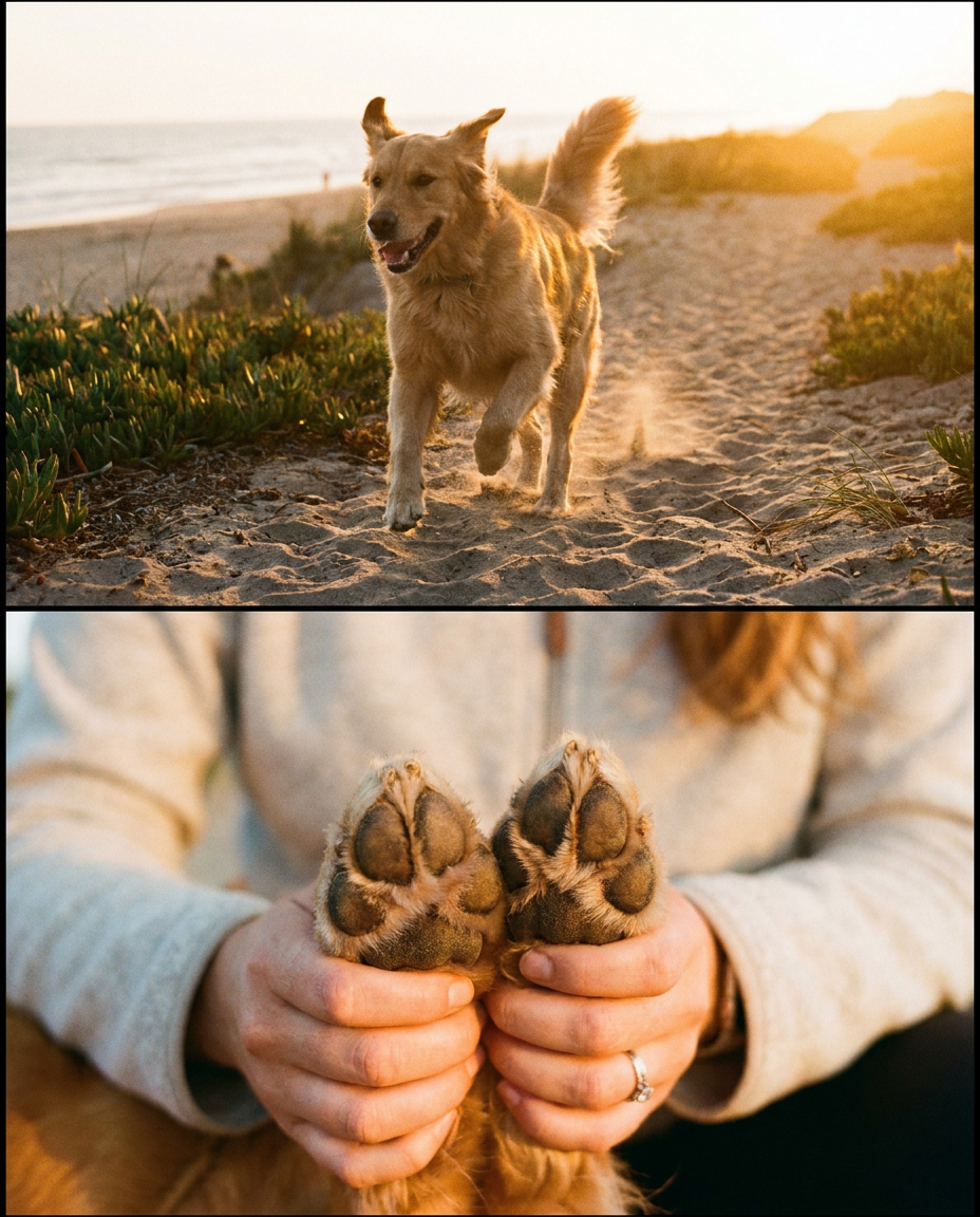 Lifestyle payoff - happy dog running on beach with healthy paws