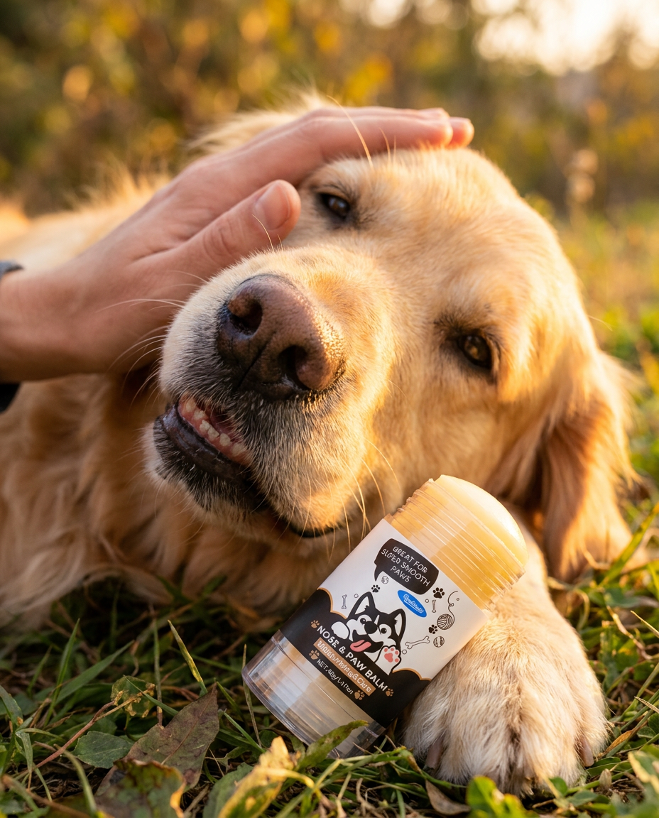 Lifestyle payoff - happy dog healthy nose golden hour