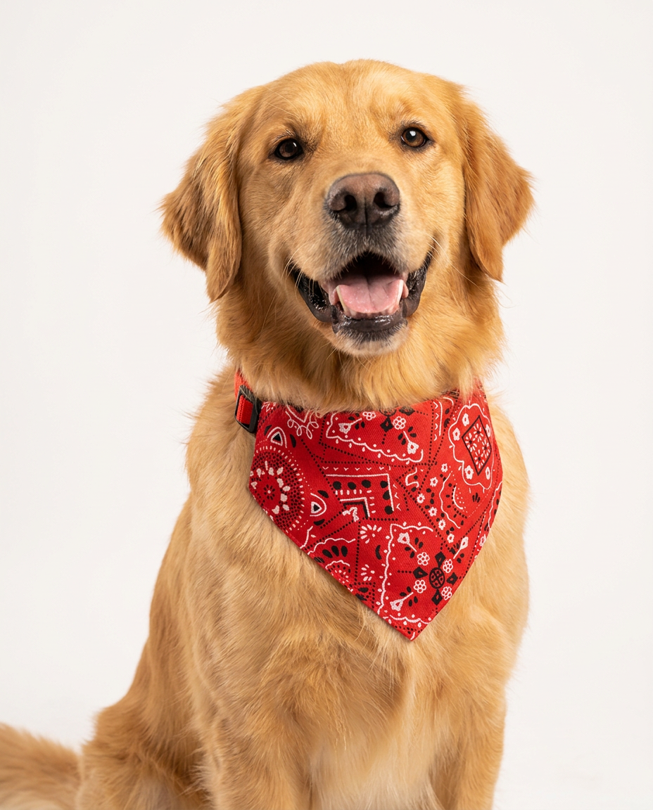 Adorable golden retriever wearing red paisley bandana scarf - hero