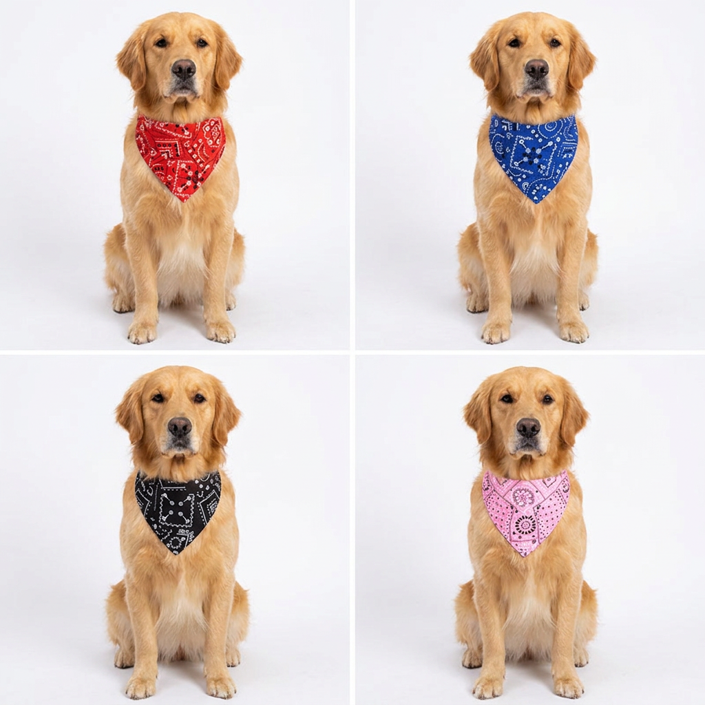 Golden retriever wearing paisley bandana in all 4 colors - red blue black pink