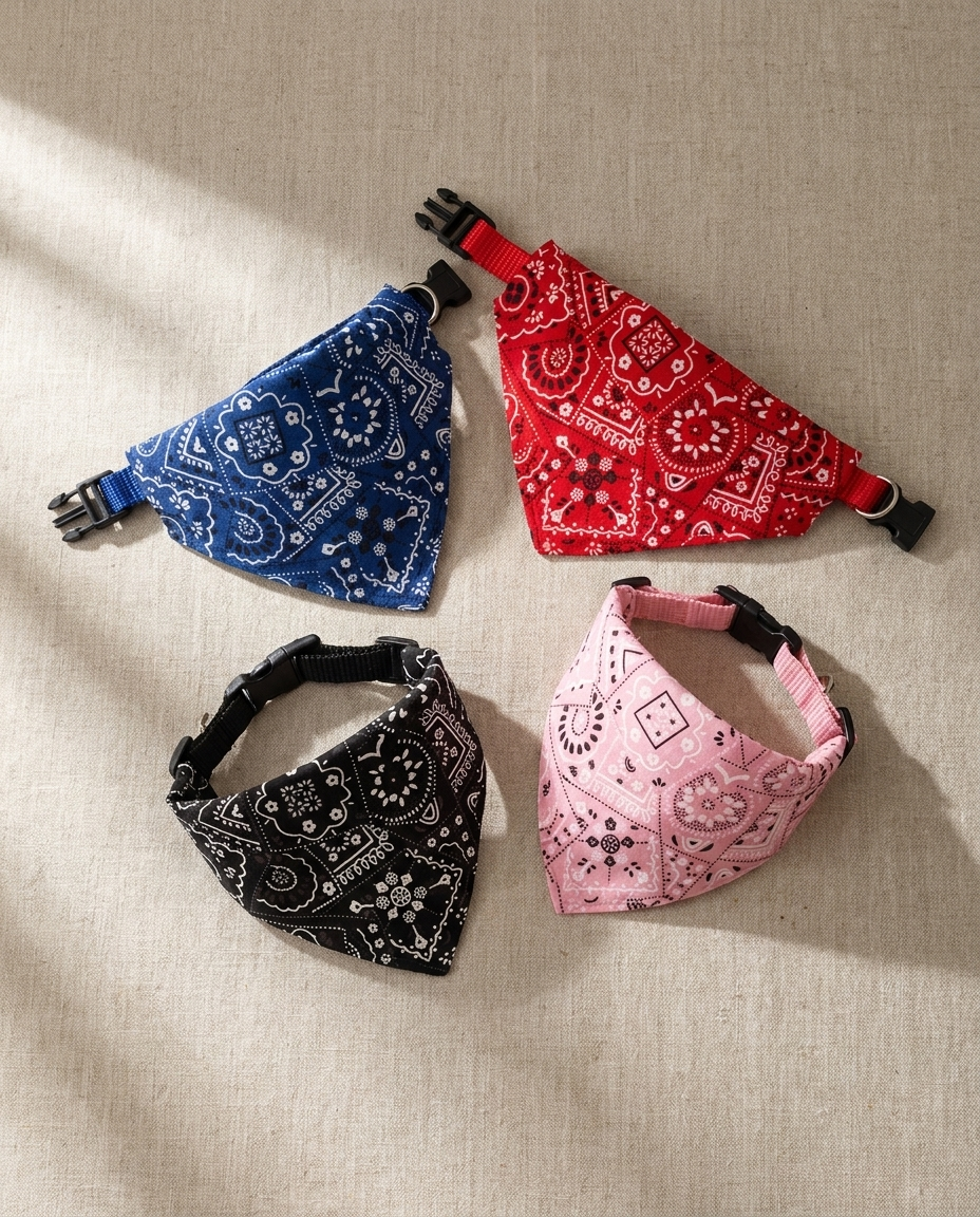 Styled flat-lay of four paisley pet bandanas in red blue black pink