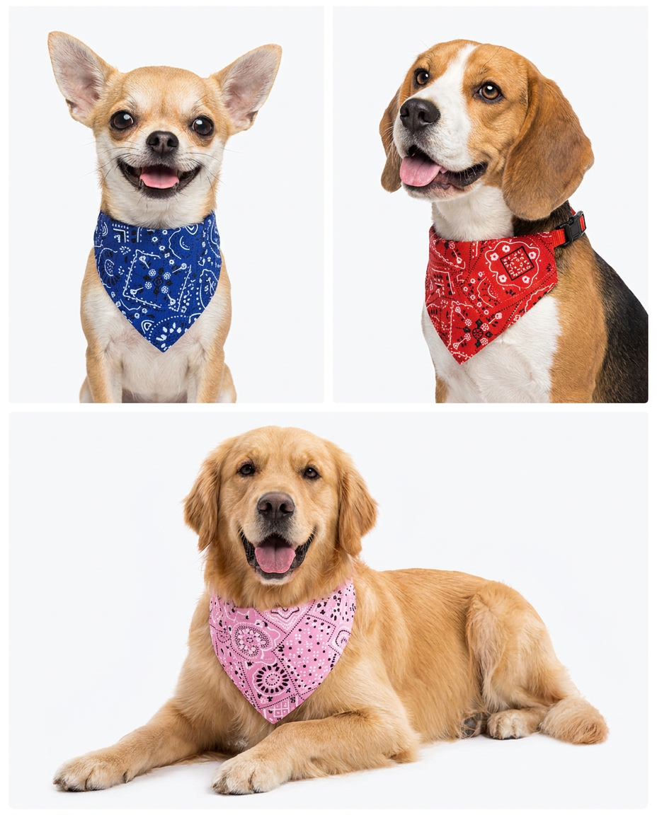 Chihuahua beagle and golden retriever each wearing paisley bandana - fits every breed