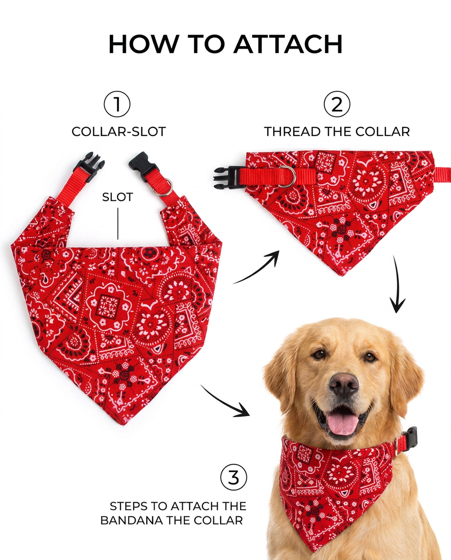 Step by step how to thread bandana onto dog collar