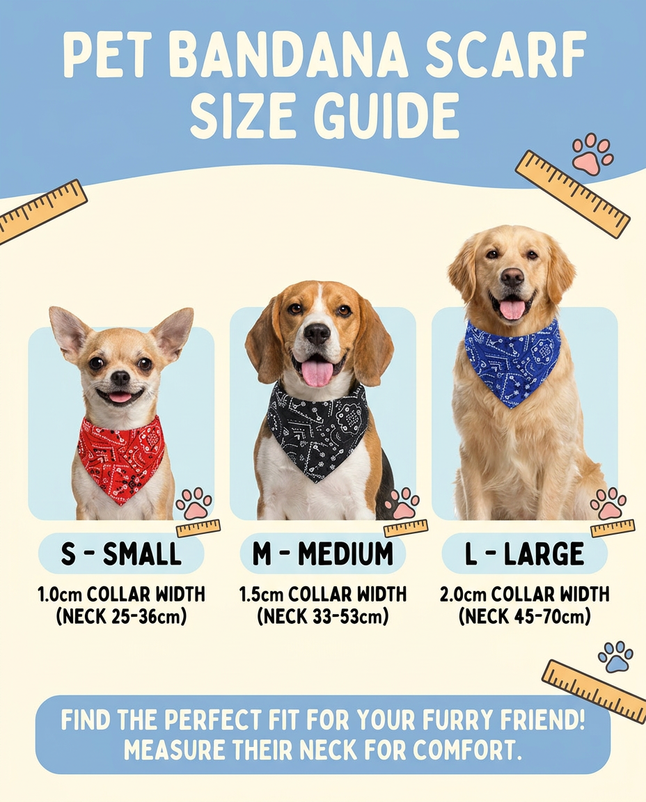 Size guide S M L bandana matched to small medium large dog breeds