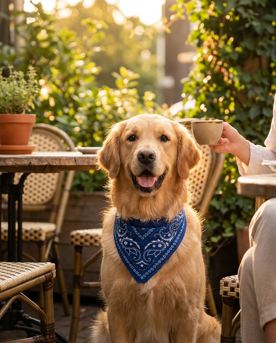 Stylish golden retriever wearing blue paisley bandana at outdoor cafe