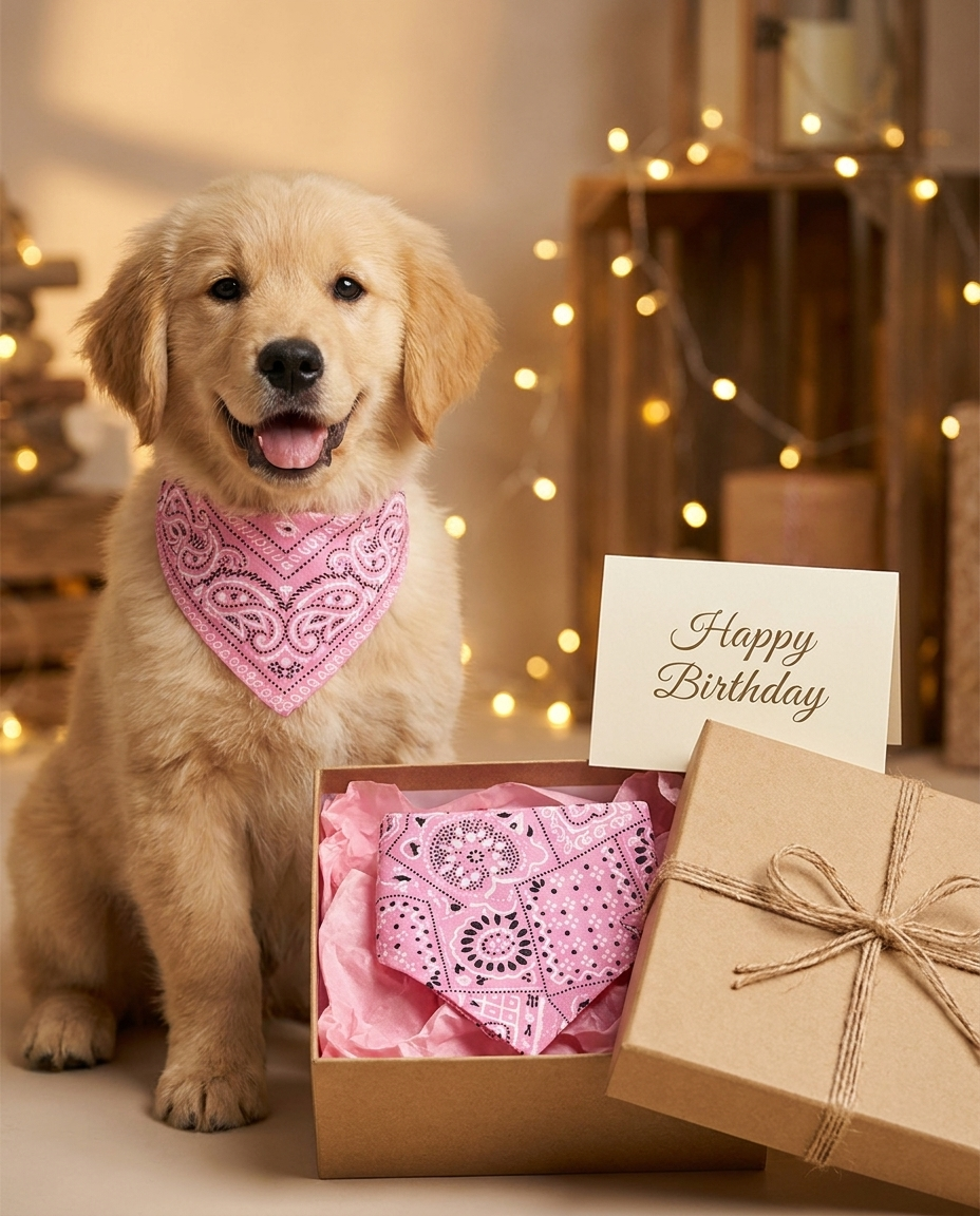 Pink paisley dog bandana presented as birthday gift with golden retriever puppy