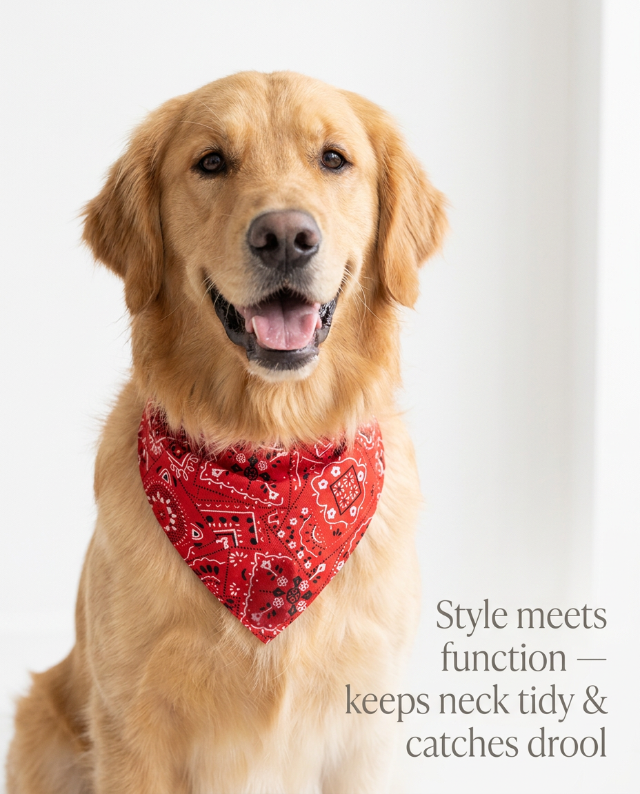 Dog wearing red paisley bandana - style meets function keeps neck tidy